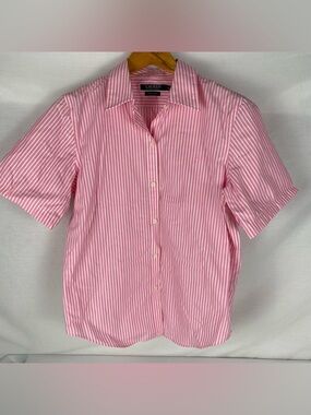 Lauren Ralph Lauren Pink White Striped Button Up Short Sleeve Shirt Medium